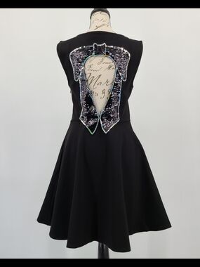 ModCloth Black Fit-and-Flare Dress with Sequin Bow Open Back Size Small